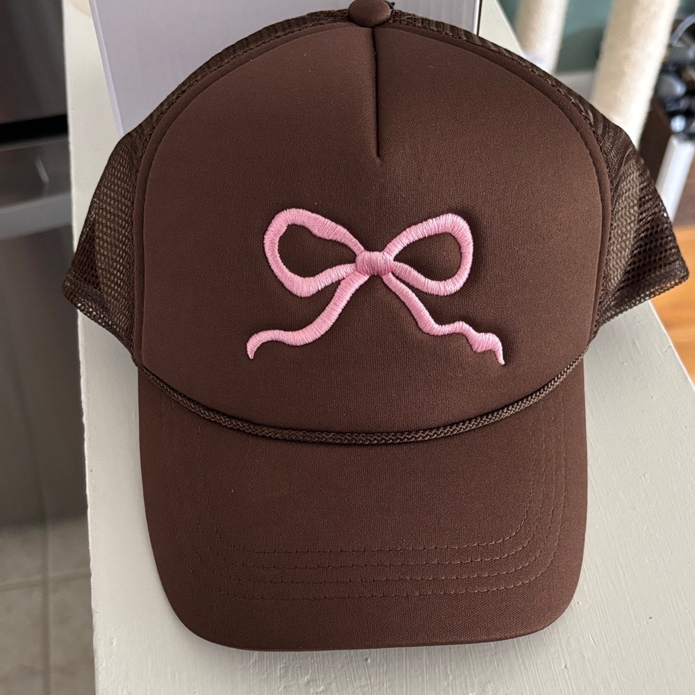 Brown Cap with Pink Bow Embroidery